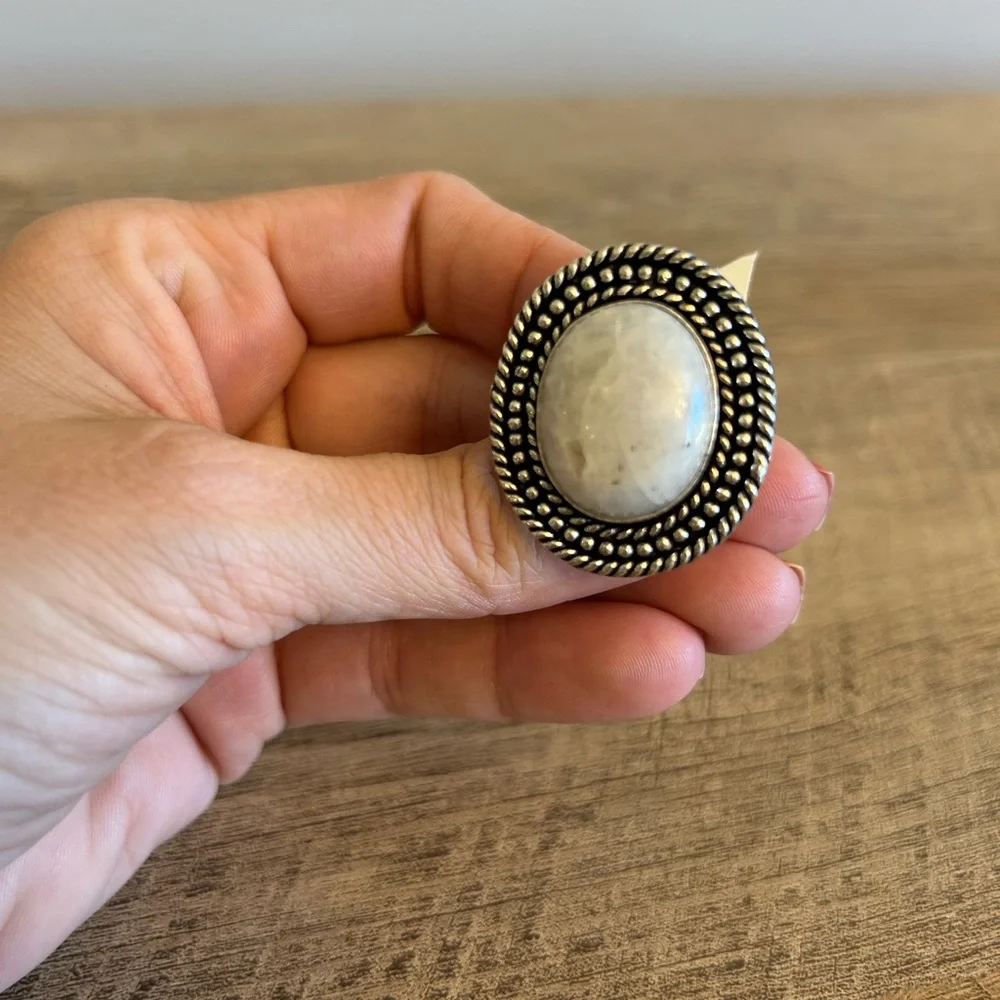 German Silver Ring With Moonstone Size 6/ 1.25‎ Inches Long Braided NWT ornate
